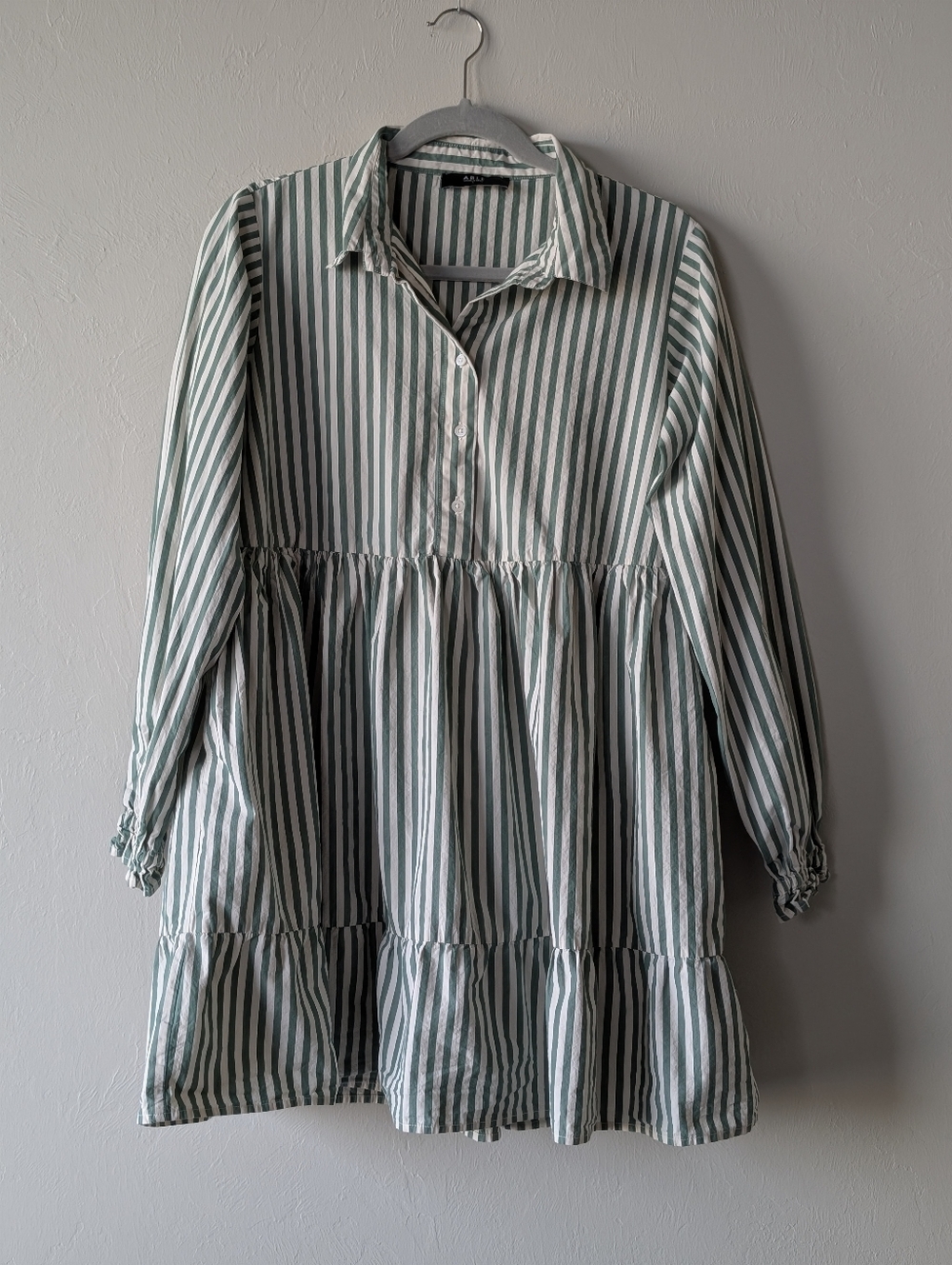 ABLE Striped Babydoll Gather Mini Dress Green Cream Balloon Sleeve Size L Cotton